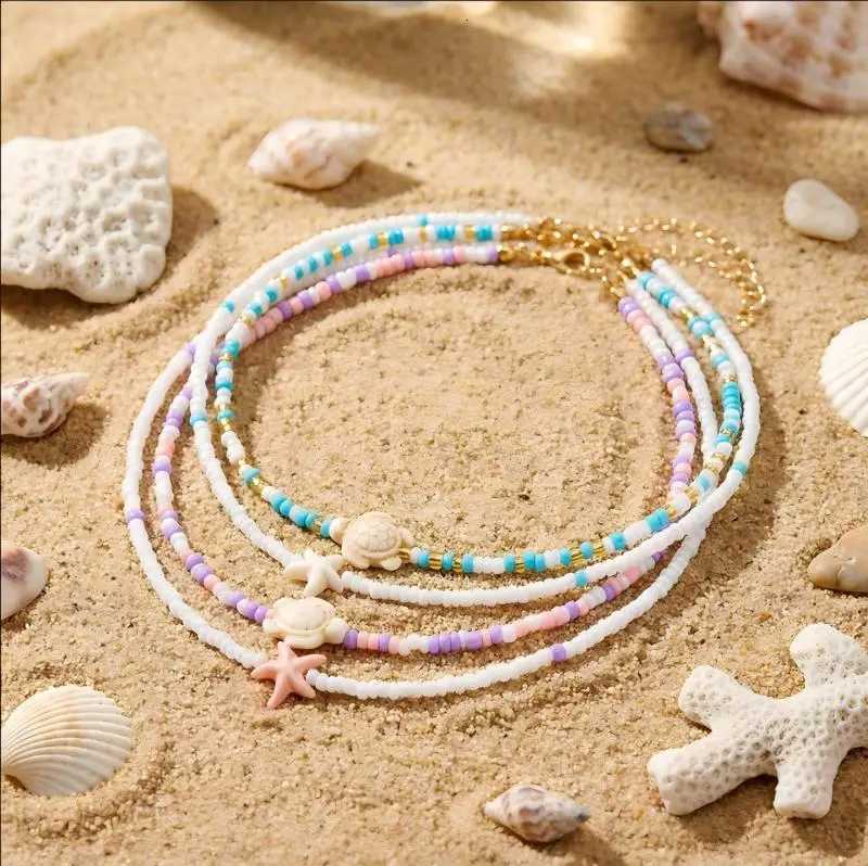 Women Boho Starfish Sea Turtle Conch Pendant Necklace Beaded Layered Necklace Adjustable Ocean Jewelry H260325-image-1099068097