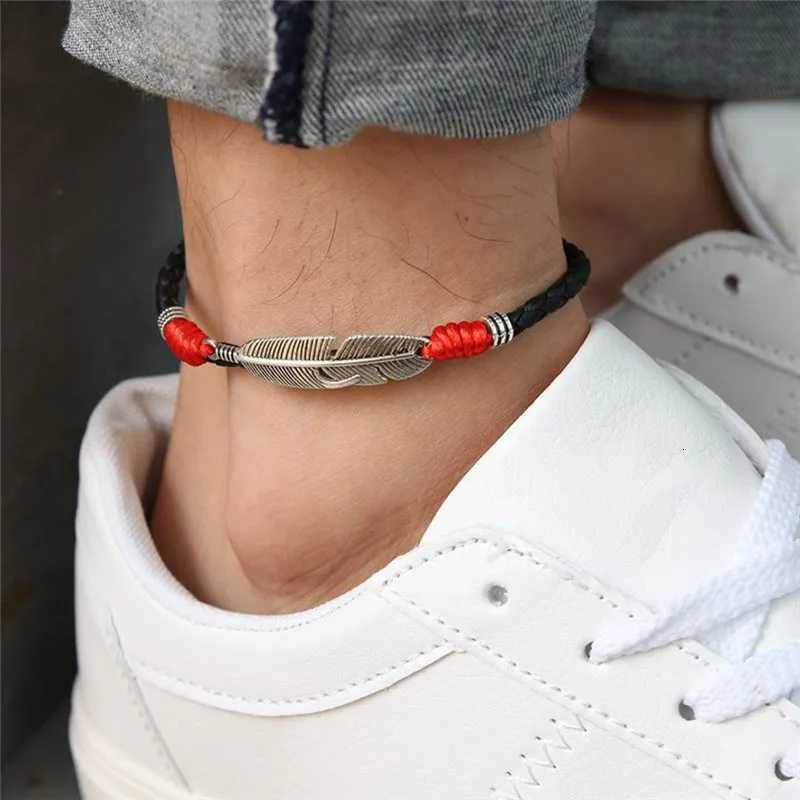 Leather Rope Lucky Anklet For Men Women Couple Handmade Feather Leaf Charm Foot Barefoot Sandal Beach Chain Jewelry H260325-image-1099068177