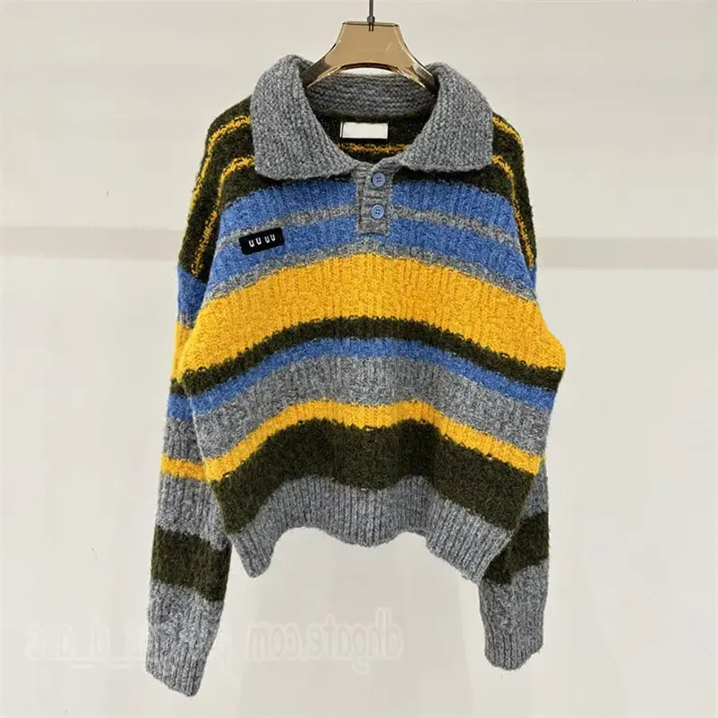Luxury Striped Colorful Wool Sweaters For Women Designer Long Sleeve Lapel Jumper Tops Autumn Spring Casual Sweater 935