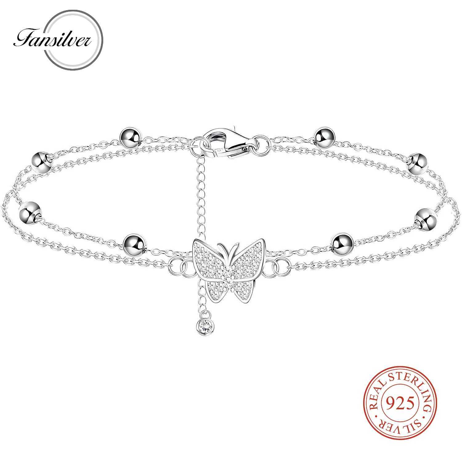 925 Sterling Silver Layered Ankle for Women Chain Butterfly Heart Beaded Silver Anklet Adjustable Summer Beach Anklet H260325-image-1099068312