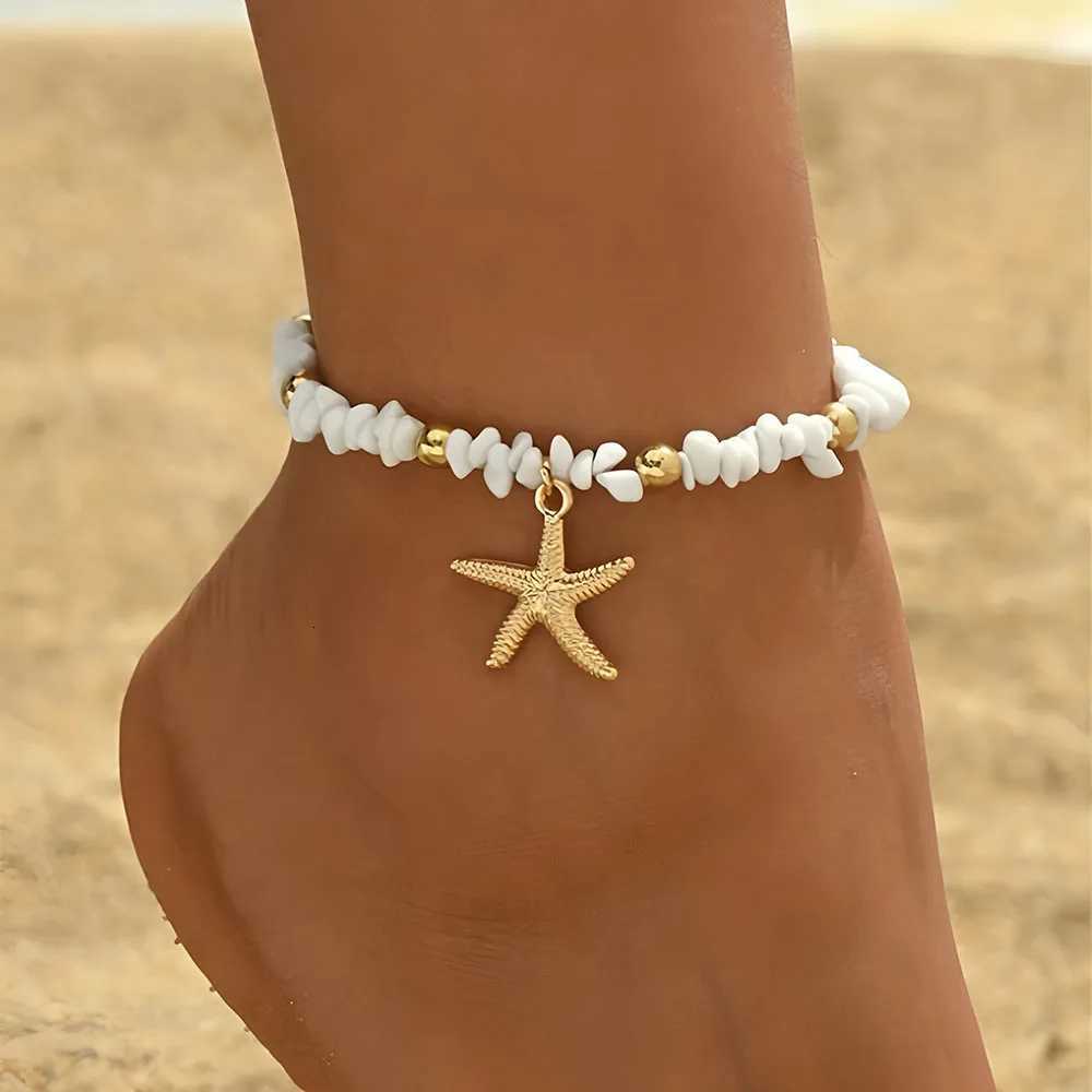 White Turquoise Beaded Chain Starfish Pendant Ankle Summer Charm Sandals Barefoot Beach Foot Bridal Jewelry A081 H260325-image-1099067811