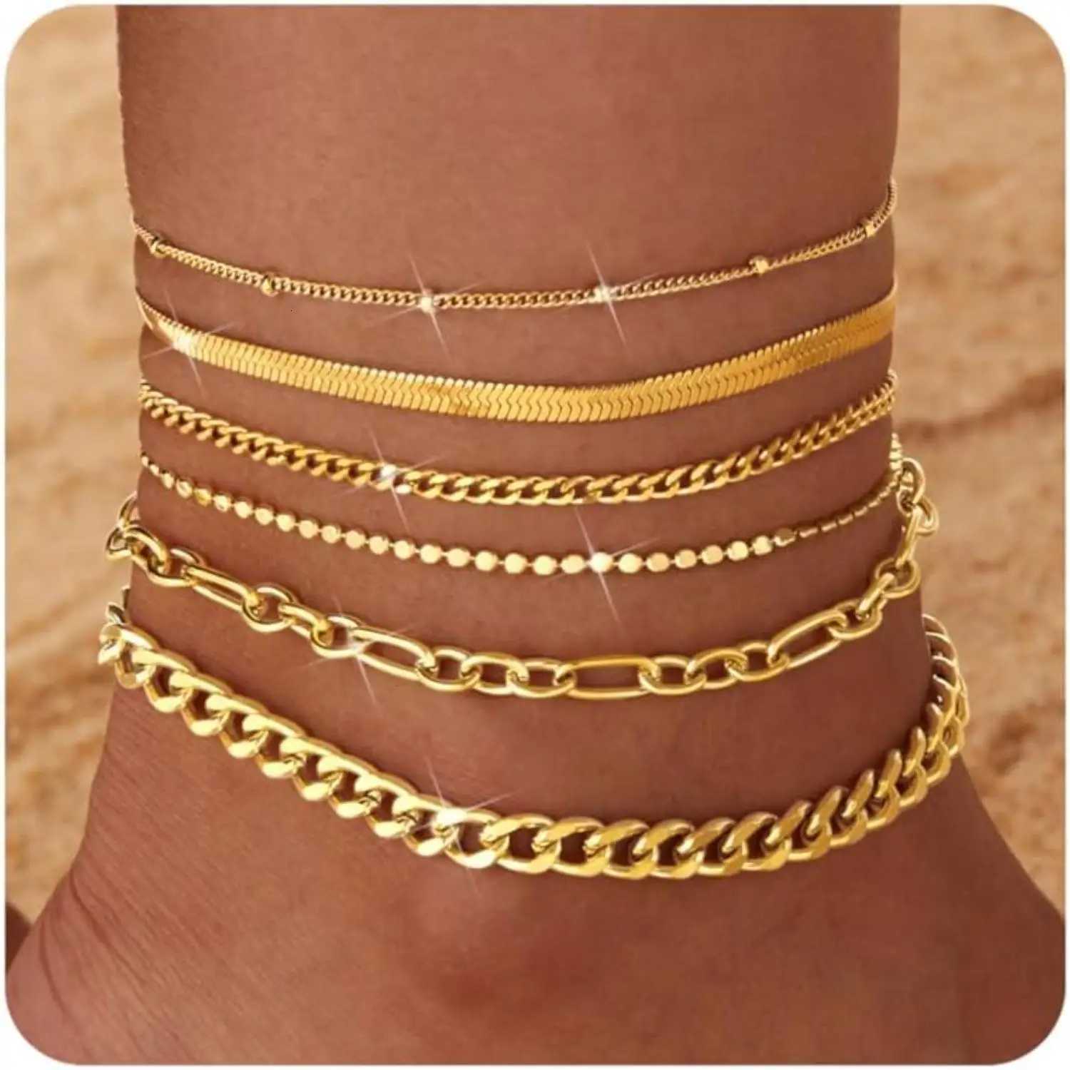6PCS Ankle for Women 14K Gold-plated Anklets Stainless Steel Cuban Link Chain Anklet Set Layered Beach Jewelry Gift H260325-image-1099068453