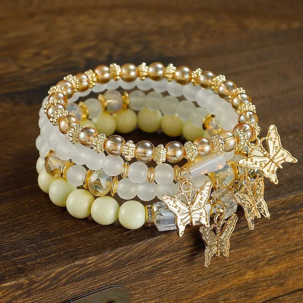 4pcs Set Bohemia Exquisite Acrylic Beaded Crystal Butterfly for Women Charm Multilayer Pearl Bangle Jewelry Friend Gift H260325-image-1099068021
