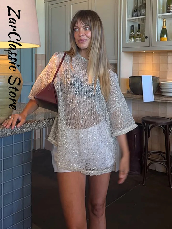 Sequin See Through Womens T-Shirt Hollow Out Oversize Round Neck Short Sleeve Loose Summer Top Lady Casual Daily Clothing 260324