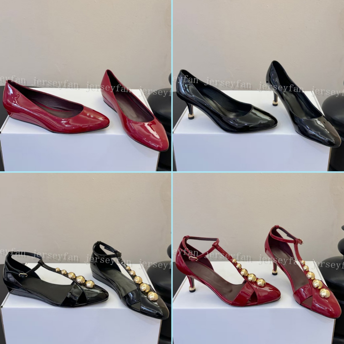 Collection de chaussures chics en cuir verni à bout pointu pour femmes – sangle en T, talon chaton, escarpins plats avec détails de clous dorés