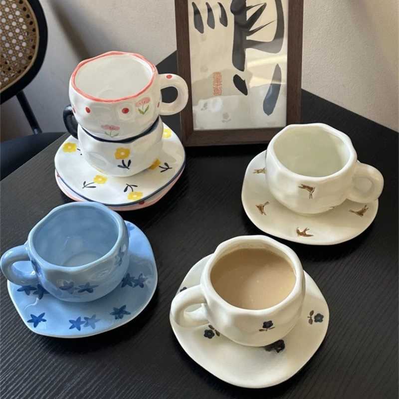 Japanese Retro Style Ceramic Coffee Cups and Plates Hand-painted Irregular Cups and Plates High-value Dessert Cups and Plates H260326-image-1099169617