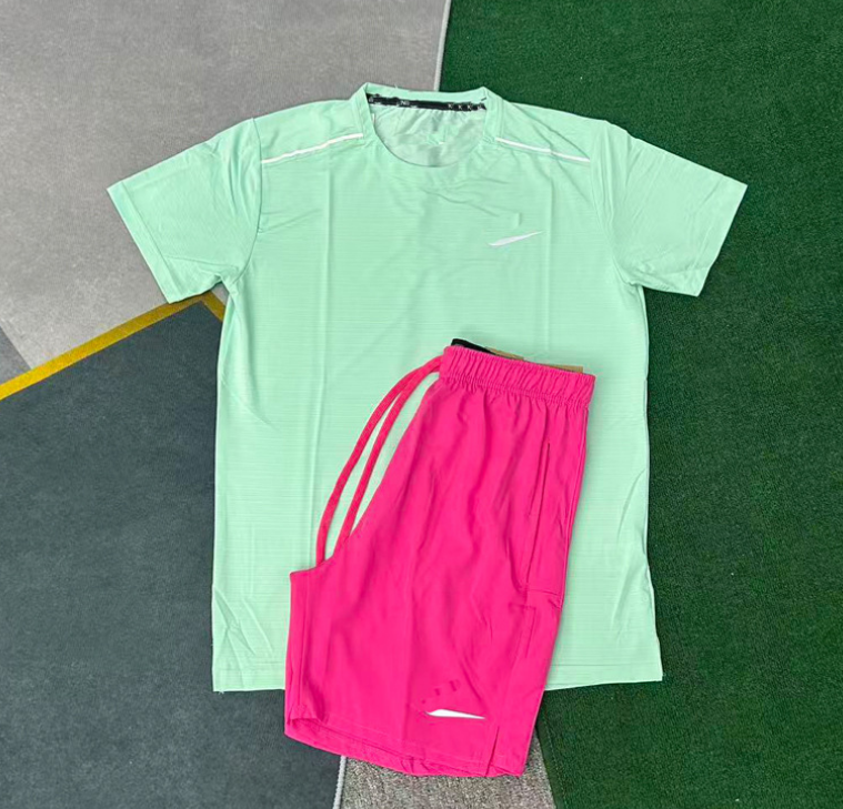 Breathable Fast Drying Men's Athletic Suit Short Sleeve Top + Training Shorts Set for Sports, Jogging, Casual Wear with Crystal Bar Detail