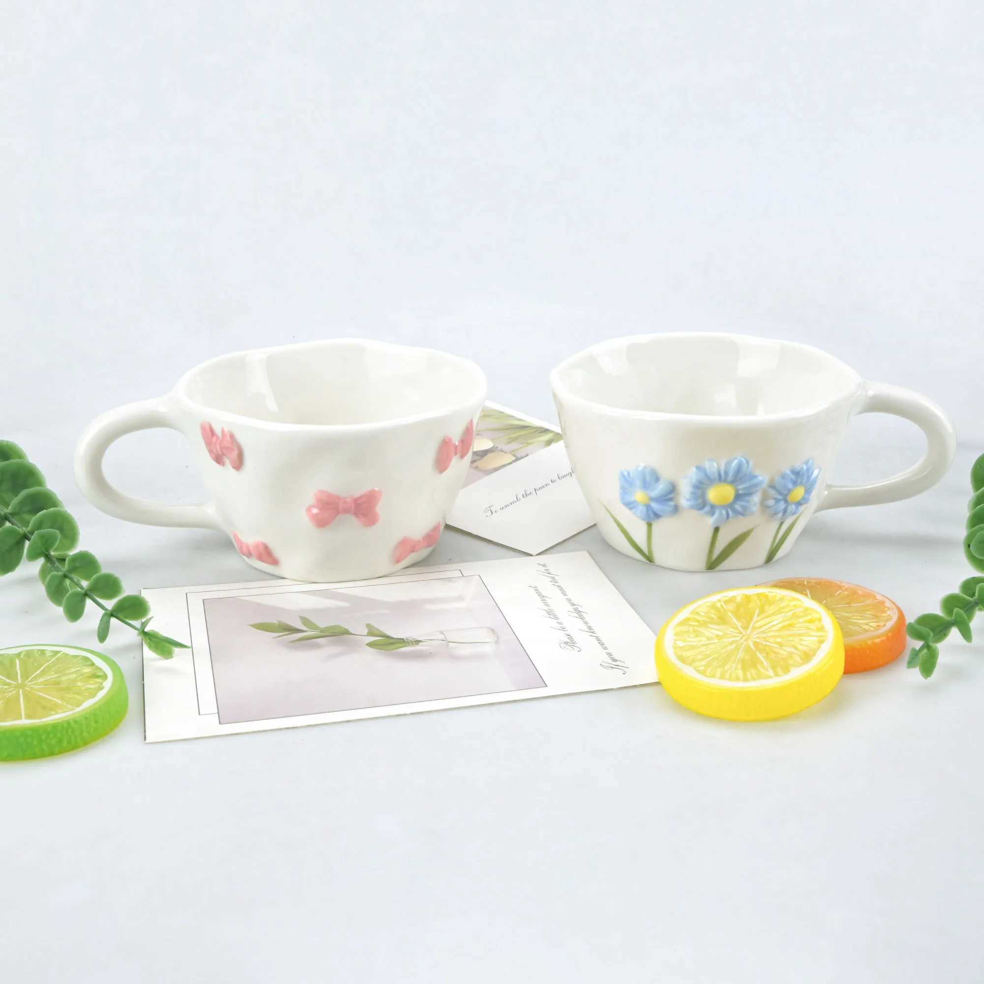 1pcs Irregular hand drawn underglaze color relief blue daisy pink bow ceramic mug water cup H260326-image-1099169810