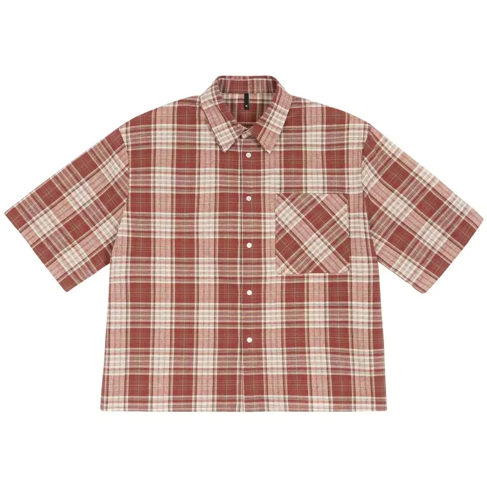 KF-126 Manufacturer Mens Flannel Shirts 100 Cotton Short Sleeve Cropped Boxy Plaid Button Up Casual Shirt for Man 260324