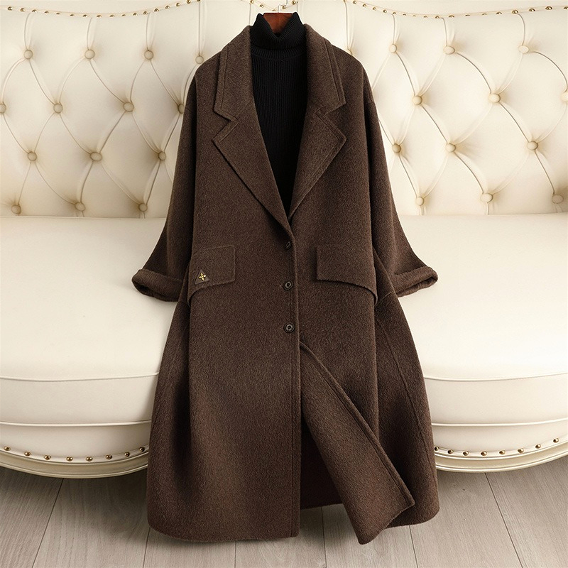 D3656 Nouveau manteau de laine double face fait main d'automne et d'hiver pour les femmes, long, simple et ample, manteau de laine de haute quali