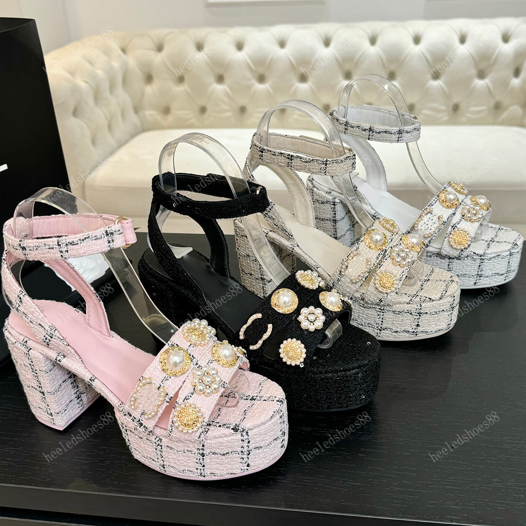 Designers Sandals Platform Heel shoes for women Top Quality fashion pearl Rhinestone buckle decoration Chunky Heel shoe 12Cm high heeled sandal 3