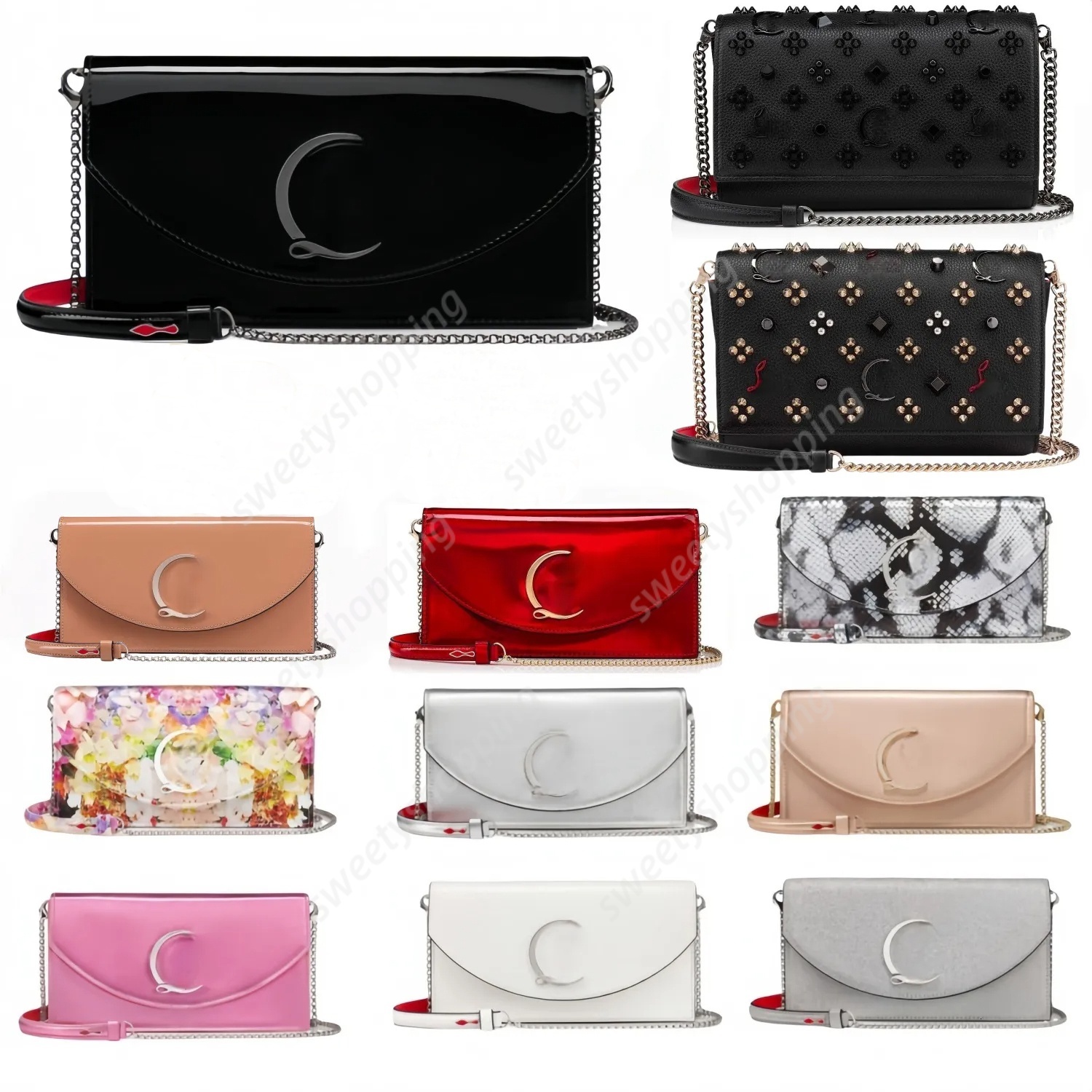 Designer Loubi Bag High Quality Women Red Mini Bottom Bag Black Rivets Gold Silver Chain Bag Nude Black Patent Leather Woman Travel Shopping Bags