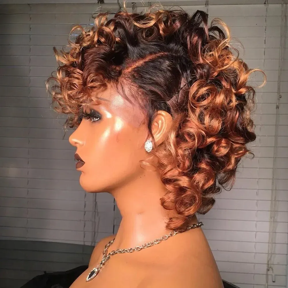 1B 30 Ombre Brown Color Short Bob Curly Pixie 13x4 Lace Front Human Hair Wigs Brazilian Loose Curl Copper Blonde Pixie Wigs Side Part Hair Ready To Wear 53$