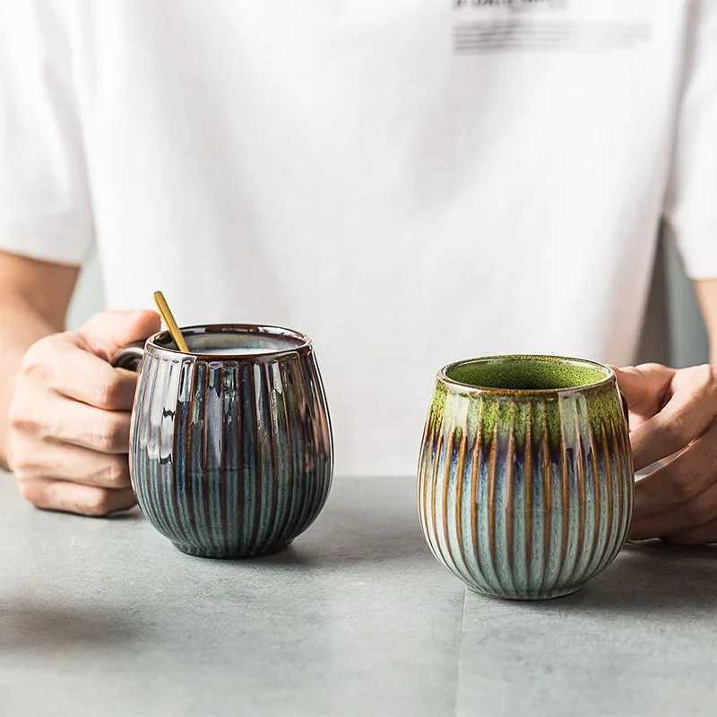 Glaze Kiln-Creative Vertical Pattern Water Mug with Handle Coffee Cup Large Capacity Ceramic Retro Japanese Style Milk Mug H260326-image-1099169355