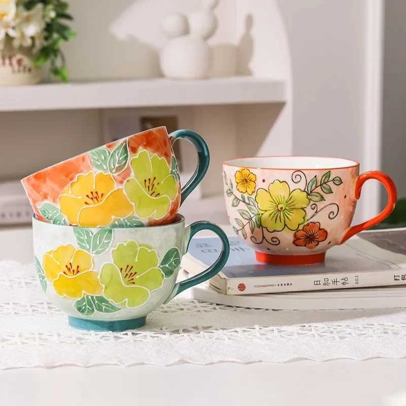 500ML Ceramic Coffee Mugs Large Capacity Hand-painted Relief Breakfast Cup Milk Oat Flower Tea Cups Creative Drinking Water Mug H260326-image-1099169250