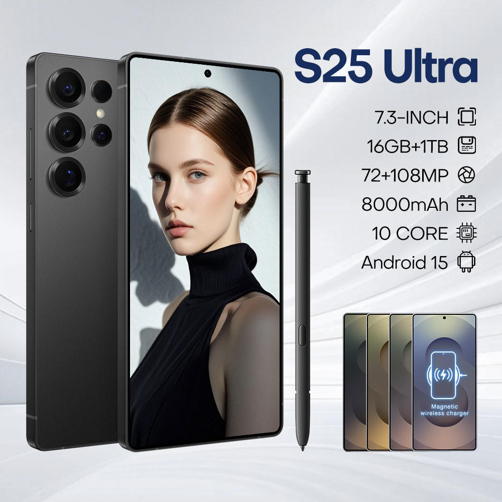 Le plus récent S25Ultra Snapdragon 8 Gen3 10 cœurs Résolution d'écran perforé de 7,3 pouces 1440 * 3200 Smartphone 5G d'origine Batterie 72MP + 1