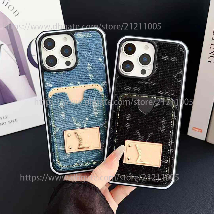 1V Phone Case For Iphone 16 15 14 13 Pro 12 11 Max Plus 16Pro Denim Fabric Print Phone Case Luxury Color Blocking Card Pocket 15Pro Cover 14Proma