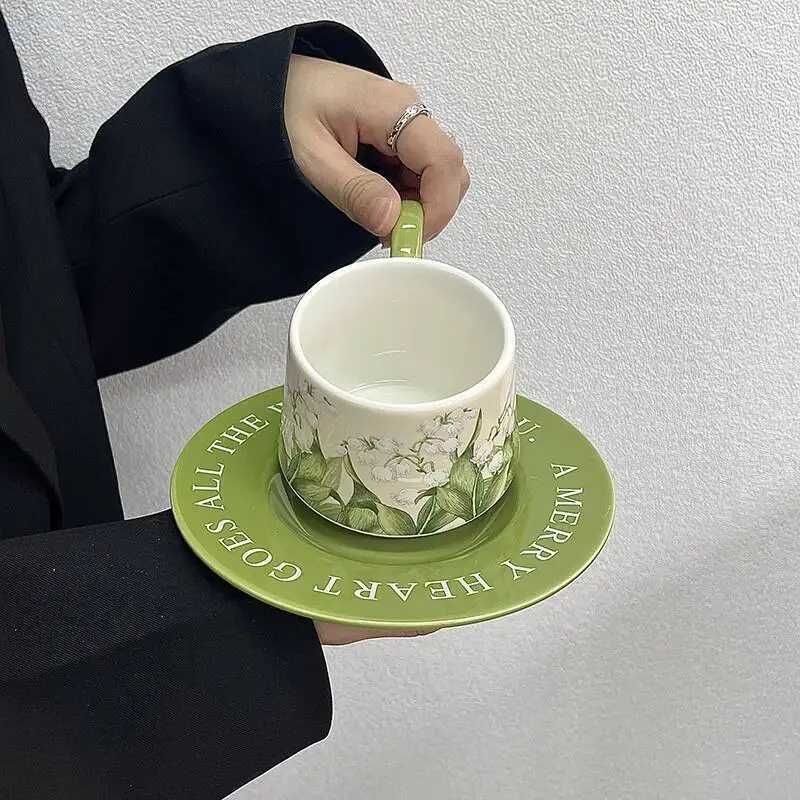 Vintage oil painting lily of the valley coffee cup and plate set light luxury ceramic cup niche latte cup afternoon tea cup H260326-image-1099169928