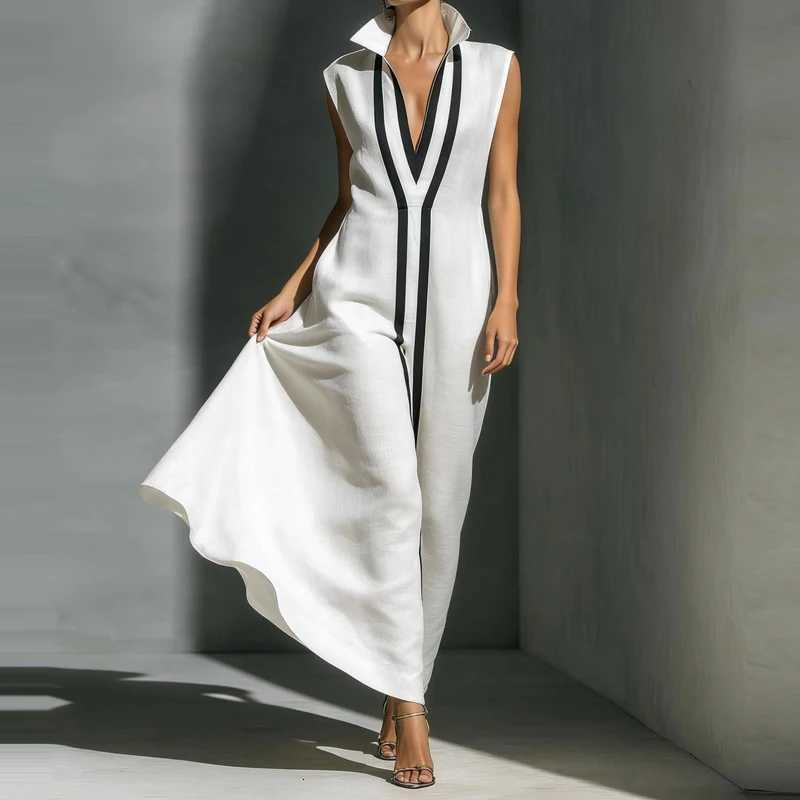 Casual Loose CommutMaxi Dress Color Blocked Slveless Summer Womens Dress 2026 Sexy Dp V High Waisted Holiday Long Dress L26923