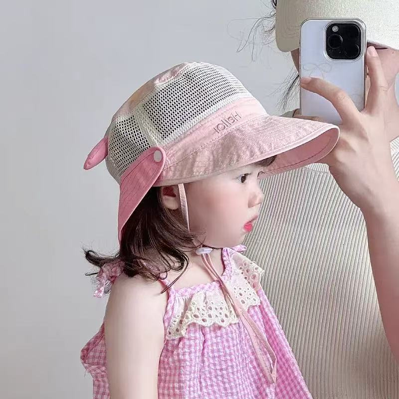 Children's spring and summer mesh sun hat with large brim, quick drying, breathable neck protection, shawl, baby sun hat