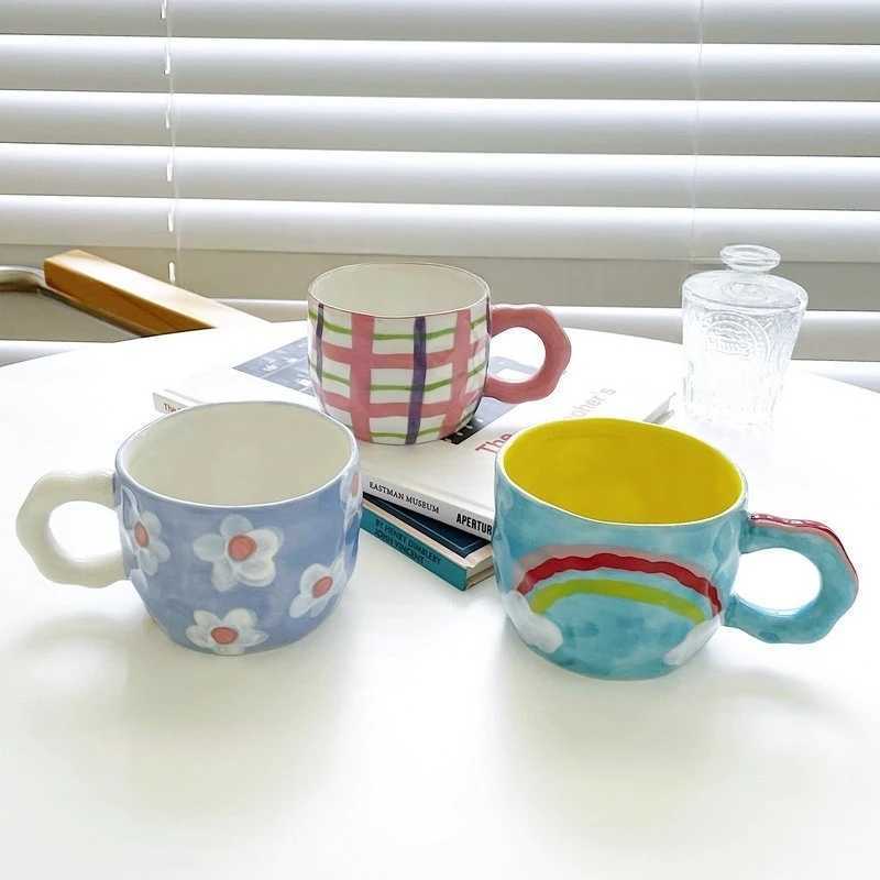 Ceramic Mug Espresso Coffee Cup Hand Drawing Underglaze Color Small Flower Rainbow Grid Ceramic Mug Breakfast Milk Tea Cups H260326-image-1099169484