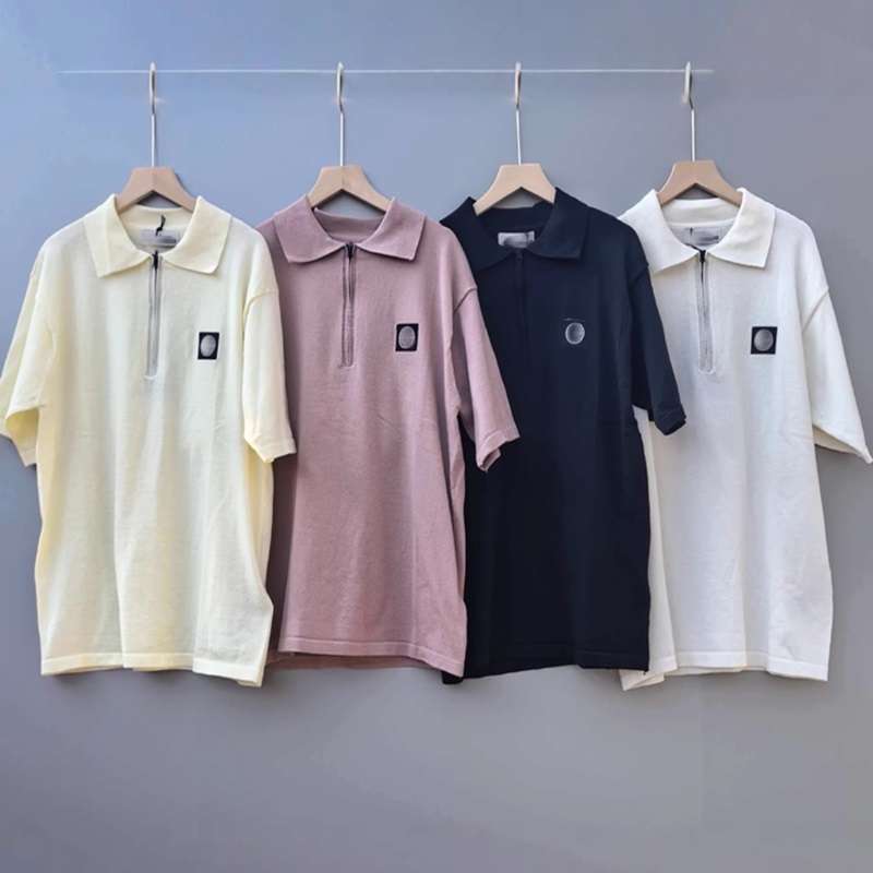 Men knitted T-shirts Letter embroidery New designer stone Zippered knit short sleeves t-shirts casual cotton luxury stone t-shirts