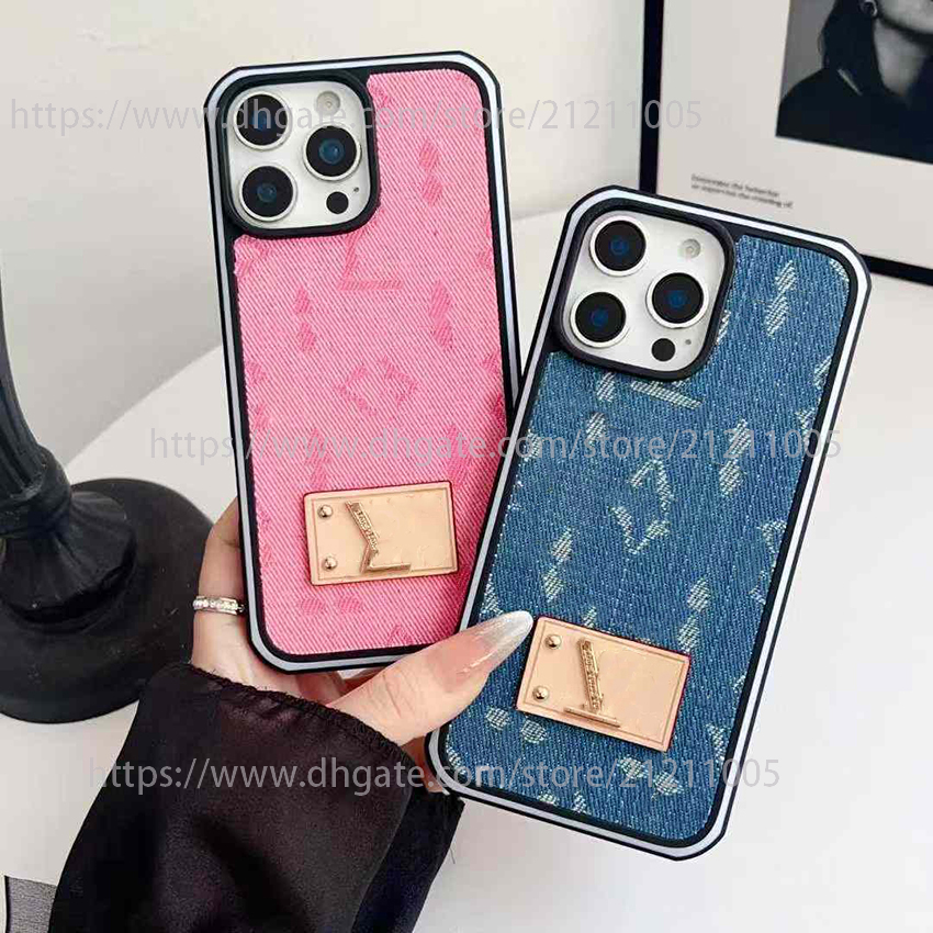 1V Phone Case For Iphone 17 16 15 14 13 Pro 12 11 Max Plus 16Pro Denim Fabric Print Phone Case Gold Plated Logo 17Promax Cover 15Promax 14Promax Col