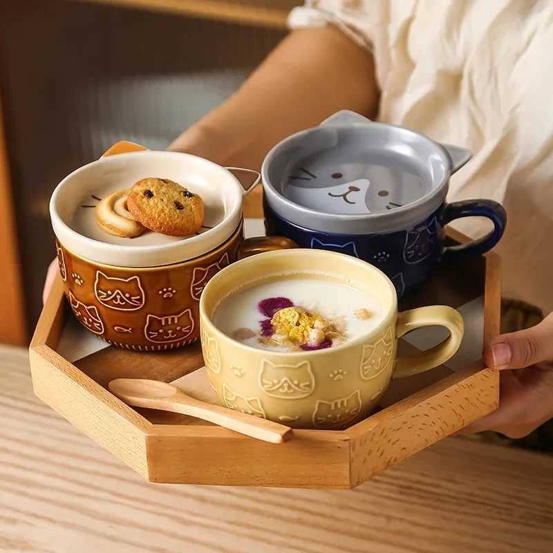 Japanese Cartoon Cat Coffee Mug With Animal Cat Pattern Lid Small Dish Cute Breakfast Cup Creative Coffee Cup Milk Cup Gift H260326-image-1099169929