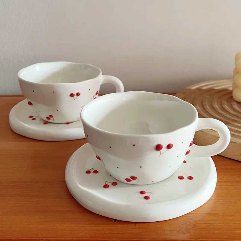 Hand-Painted Cherry Ceramic Cup Set Handmade Vintage Style for Coffee Tea Instagram Cute Afternoon Drinkware Girls Gift H260326-image-1099169838