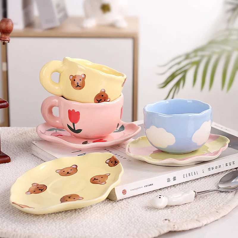 Creative Hand-painted Pattern Ceramic Mug Office Coffee Cup Afternoon Tea Cup Nice Breakfast Milk Drink Set with Saucer H260326-image-1099169437