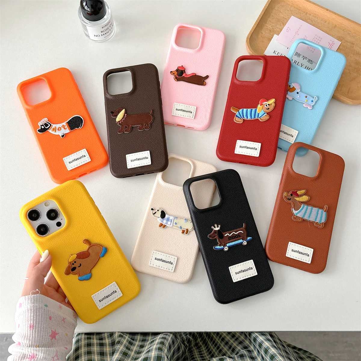 Korean Cute Cartoon Dachshund Litchi Pattern Case For iPhone 16 15 14 13 12 Pro Max 11 Korean Lovely Shockproof Soft Cover Funda H260326-image-1099193279