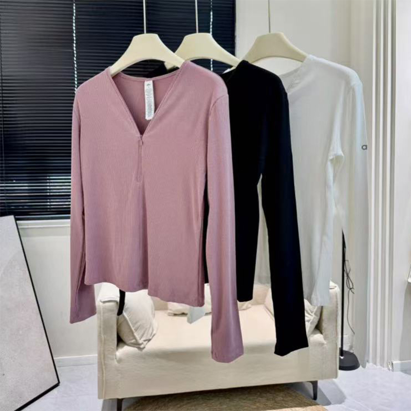 Ribbed Stripe V-neck Zipper Long Sleeved Base Shirt Slim Fit Casual Top Fitness Slimming T-shirt Yoga Sports Jacket Running Sportswear-image-1099289963