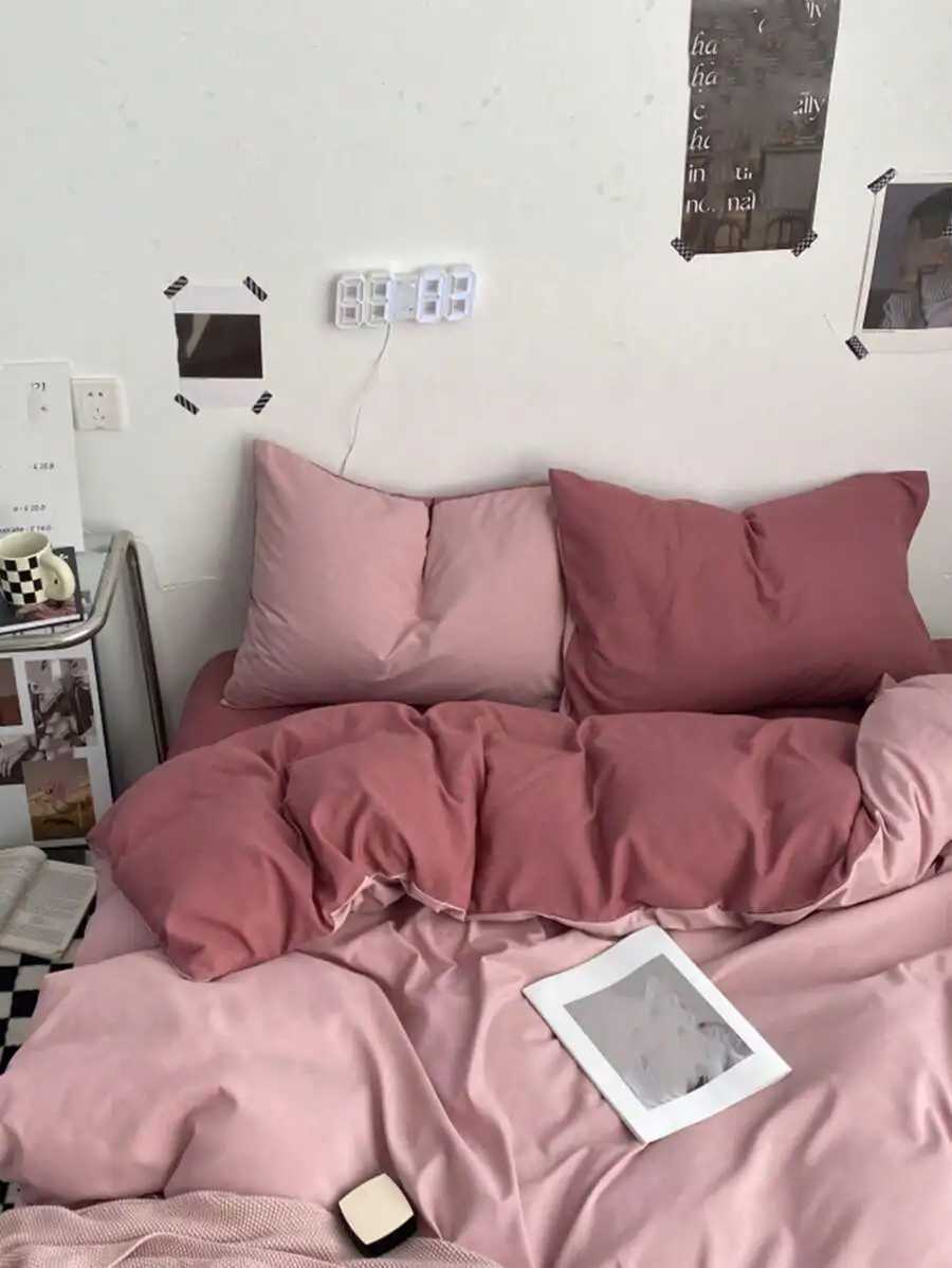 3pcs Pink Washed Reversible Duvet Cover Set Minimalist Dorm Bedding H260327-image-1099310424