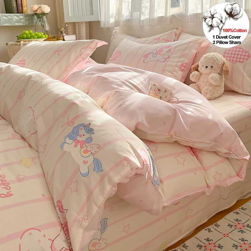 100 Cotton Duvet Cover Set Cute Cartoon Bedding Set 1 Duvet Cover 2 Pillow Shams Breathable Bed Set Single/Double/King/240x220 H260327-image-1099310007