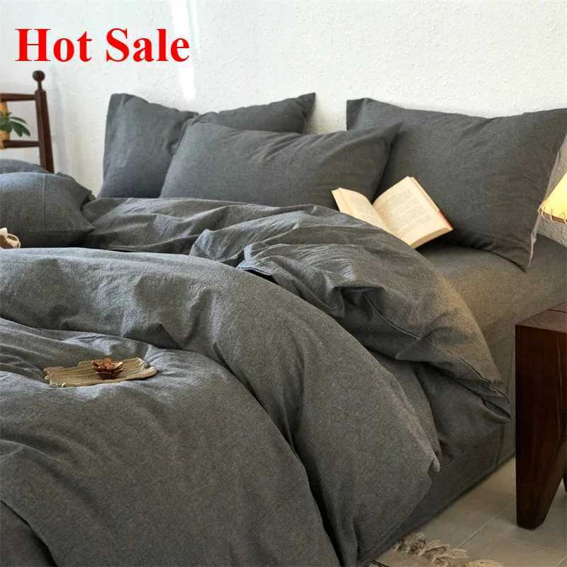 Premium 100 Washed Cotton Yarn-Dyed 4-Piece Duvet Set 1 Duvet Cover 2 Pillowcases 1 sheet Ultra-Soft Bedding Set H260327-image-1099310136