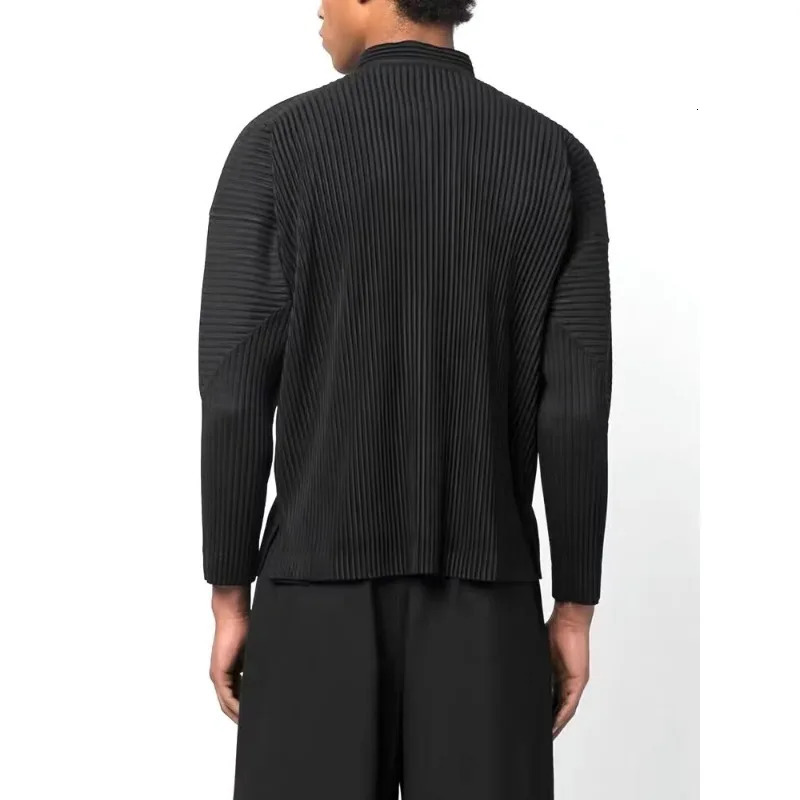 Miyake Pleated Stand Up Collar Simple Sports Style Loose Casual Long Sleeved Shirt Jacket Autumn Mens Top 260326