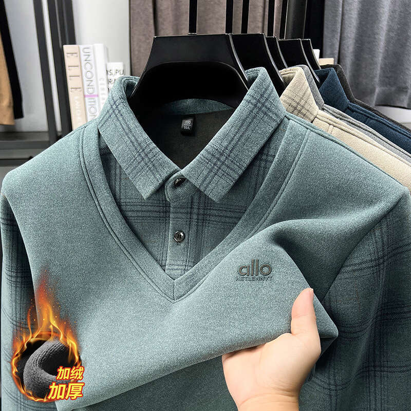 Men's sweater fleece lining thickened with a turn down collar faux two piece design new winter model high end woolen knitwear for dads