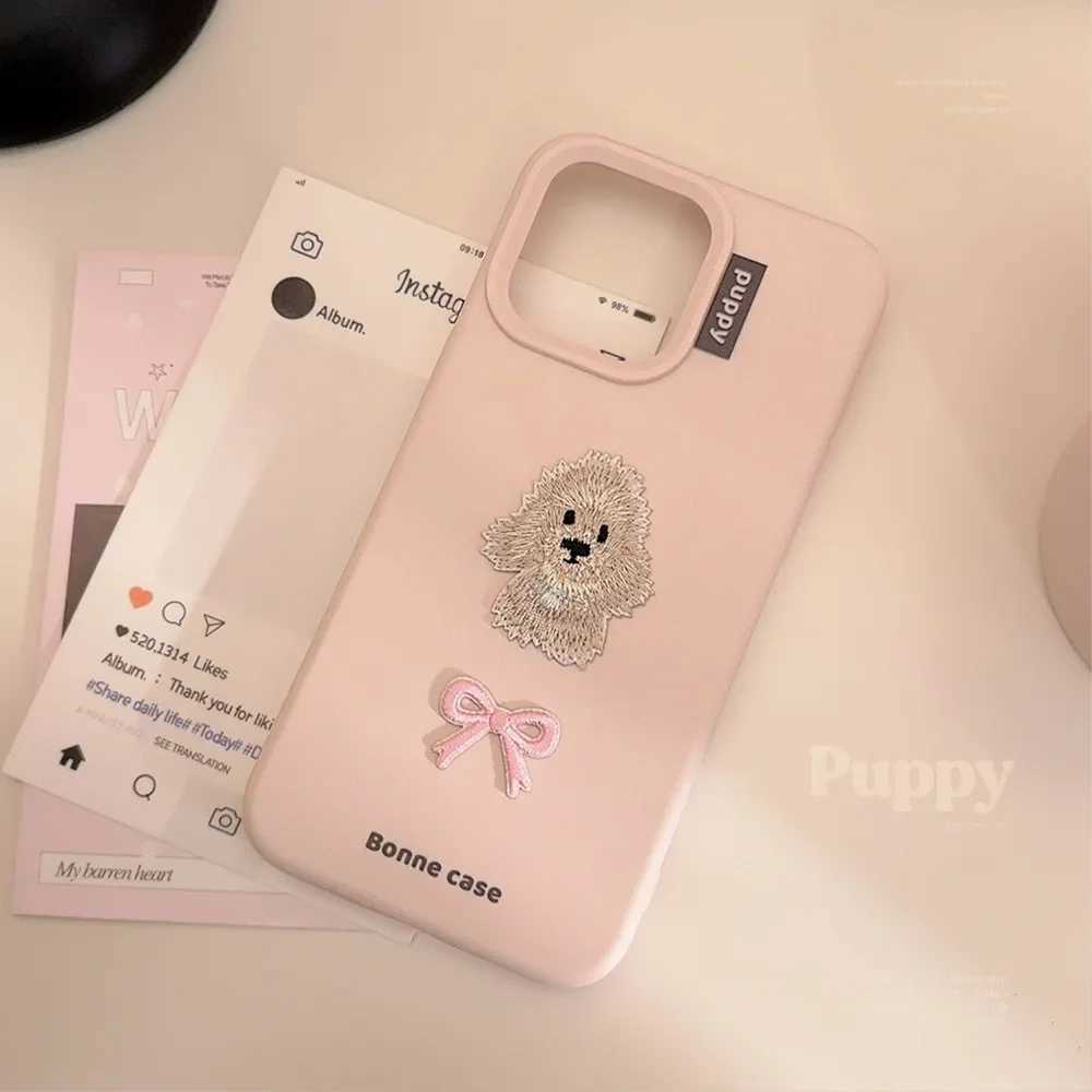 Korean Pink Cartoon Embroidery Bowknot Puppy Phone Case For iPhone 17 16 15 14 13 12 Pro Max Soft Shockproof Protective Cover H260327-image-1099313029