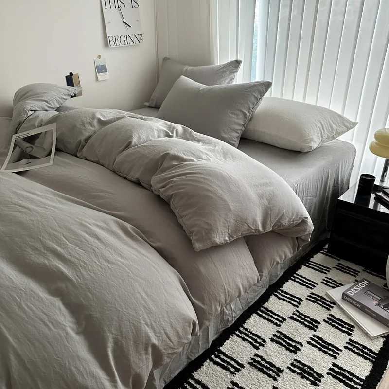 Bed Linen Solid Cotton Bedding Set with Sheet Duvet Cover Pillowcases Single Couple Bedsheet King Queen Double Twin Size H260327-image-1099310241