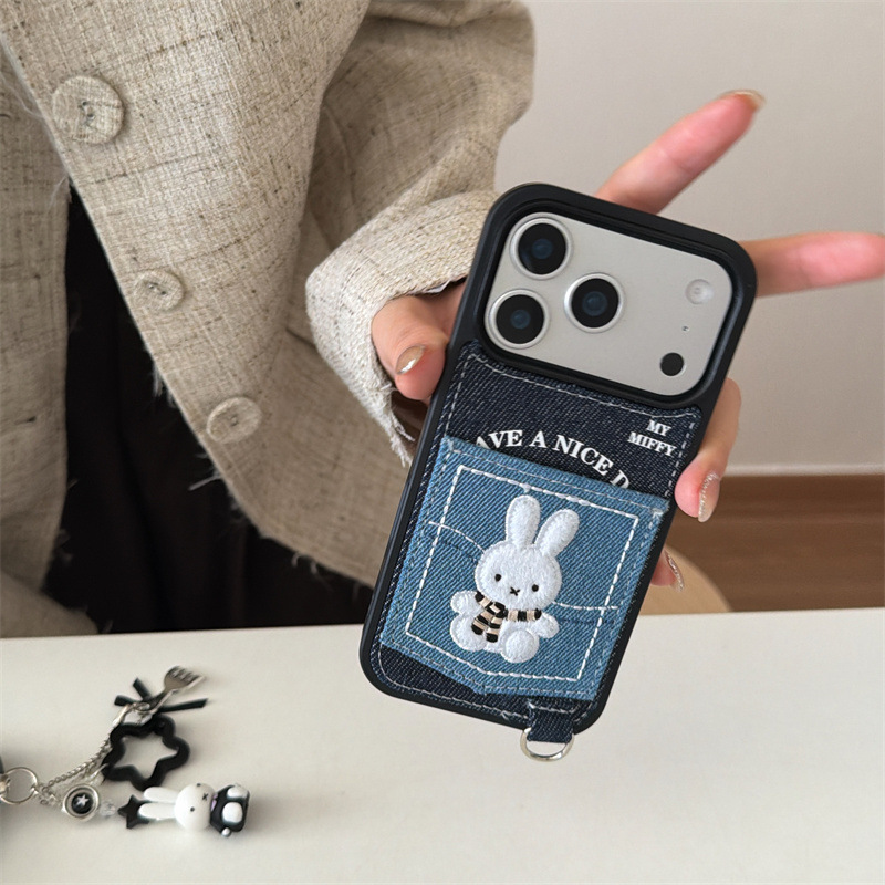 Denim pocket card bag embroidered rabbit for iPhone17 iPhone case new model-image-1099234546