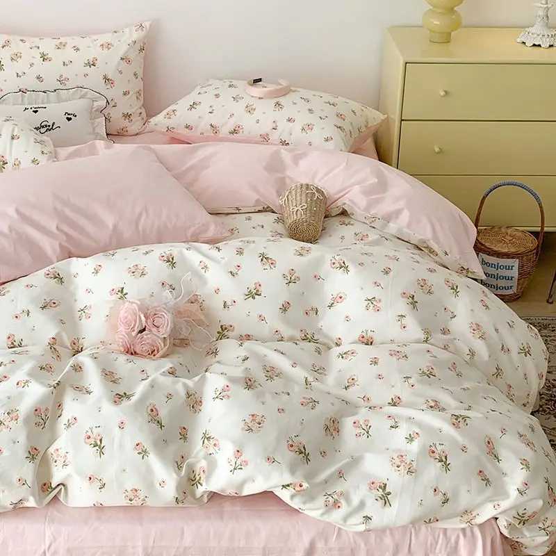 Ins Style Pink Flower Printed Bedding Set Soft Skin-friendly Duvet Cover Set Reactive Dyeing Bed Linens for Girls Bedroom H260327-image-1099309974