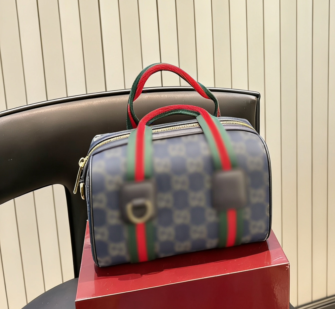 Luxury Monogram Canvas Boston Handbag Designer Style Red Green Ribbon Stripe Leather Accent Top Handle Bag Women Crossbody Purse Tote