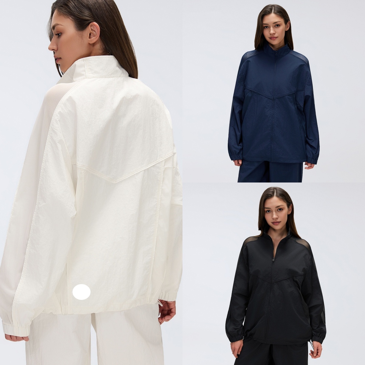 UU-L5940 Veste coupe-vent à col montant pour femme avec patchwork en maille haut en maille respirant à séchage rapide pantalon long décontracté à
