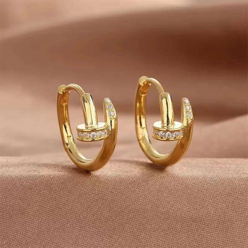 Charming Shiny Crystal Round Earrin Silver Post 14K Gold Plated Cubic Zirconia Huggie Nail Thick Lightweight Hoop Earrings for Women