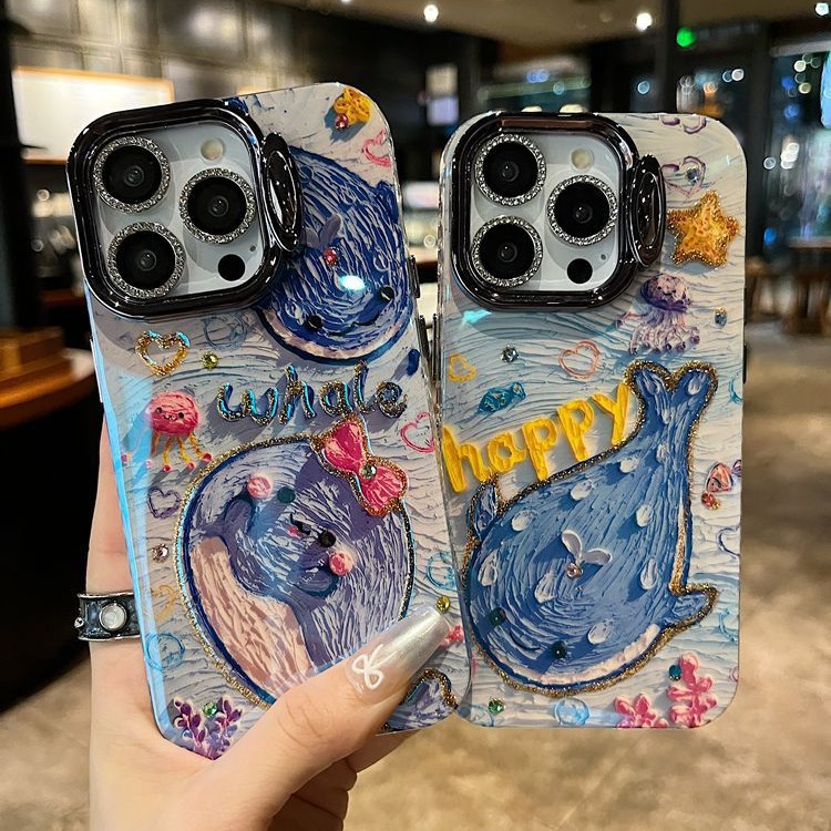 Blue Light Block Frame, Shark Stand, Oil Painting Rhinestone Case for iPhone-image-1099273630