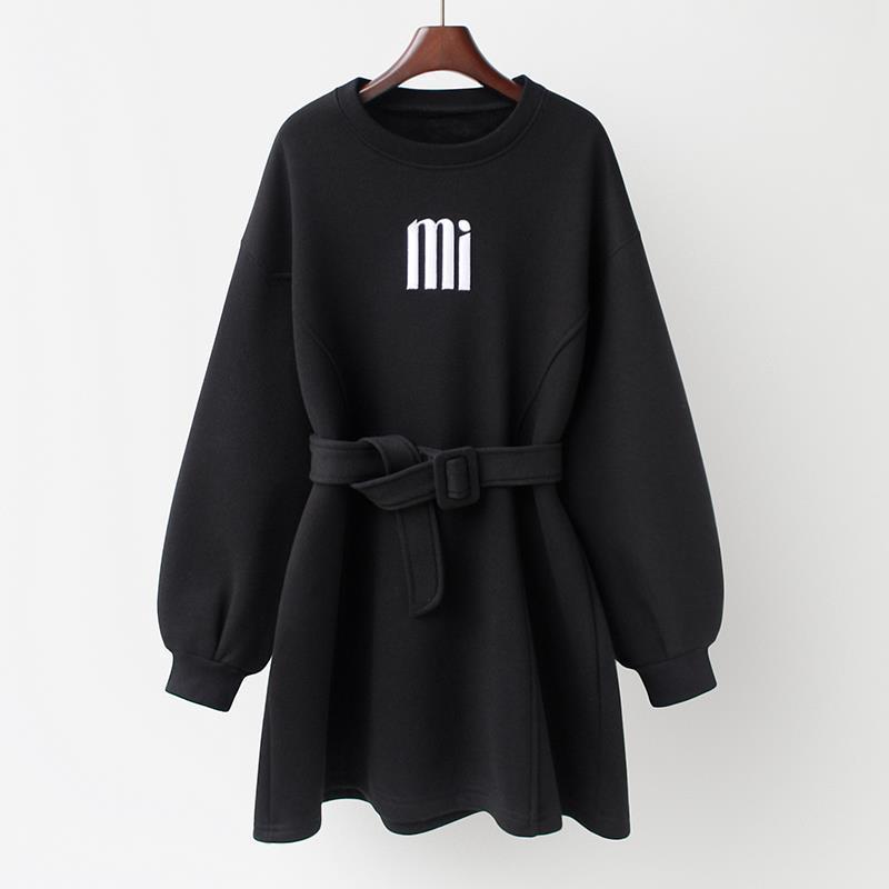 New DesignMid-Length Fleece Pullovers Women Autumn Winter Trendy Tie-In Waist Pullover Coats Korean Style Dress Thicken Coat Tops Woman