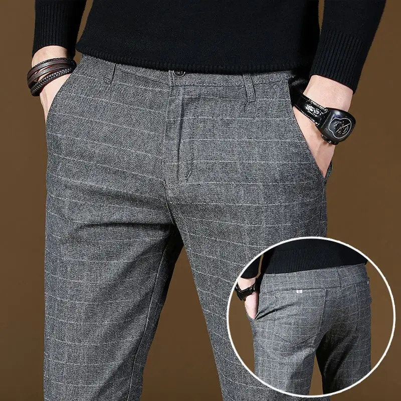 Male Suit Trousers Gray Plaid Check Straight Clothing Premium Mens Summer Pants Thin Casual Classic Slacks Dress Up 260327