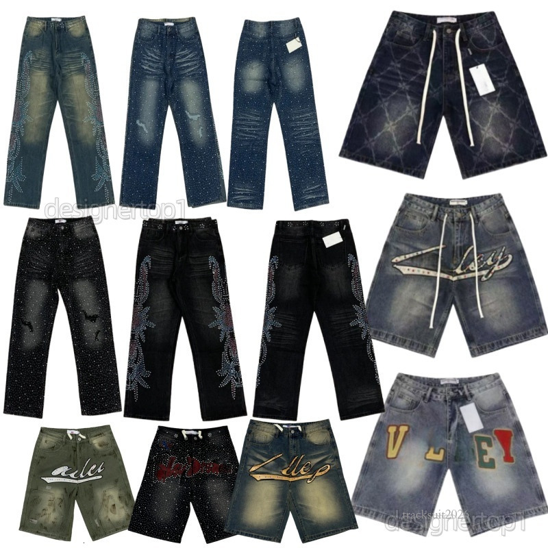 Fashion Trend Full Drill Ripped Pants Mens Valley Jeans Designer University Hip Hop Letter Printed Black Short Pants Men Women Fashion Casual Wid-image-1099382699