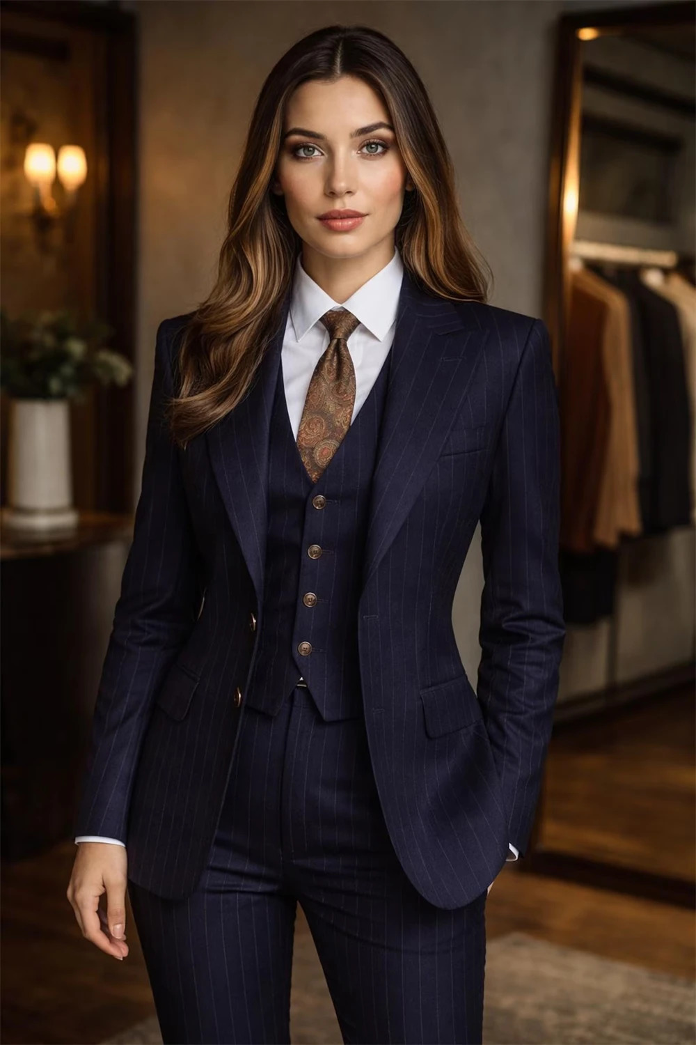 Navy Blue Pinstripe Suit Womens 3 Piece Suits for Office Chic Fashion Striped Suit JacketVestPants Tailor Made 260327