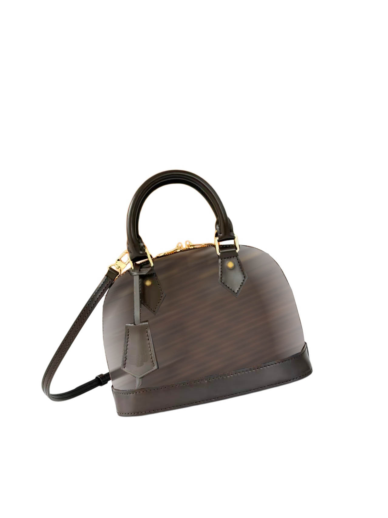 This designer bag features smooth leather trim, a fabric-lined double-zip closure, a lock, an interior patch pocket, and